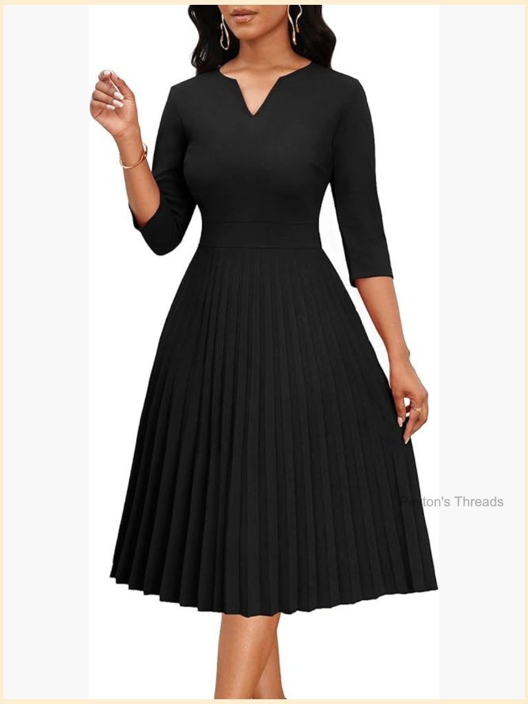 3/4 Sleeve Pleated A Line V Neck Midi Dress With Pockets